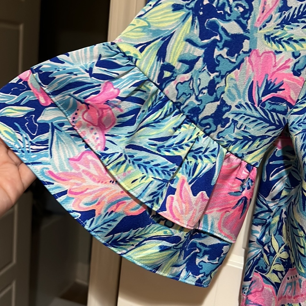 Lilly Pulitzer Christie Top Lapis Lazuli Sz Xl blue pink ruffle sleeve - Picture 3 of 6